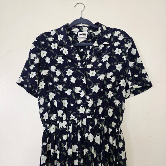 Vintage Floral Cottagecore Fit & Flare Dress Womens M Blue Modest Teacher 90s - Picture 2 of 9